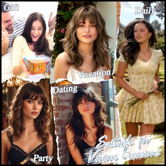 Synthetic Wavy Wig With Bangs Medium Length Shoulder Style Daily Party main image 6